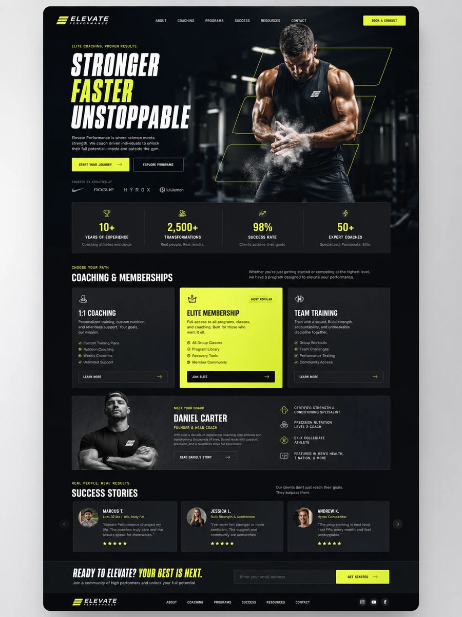 Elevate Performance fitness website example