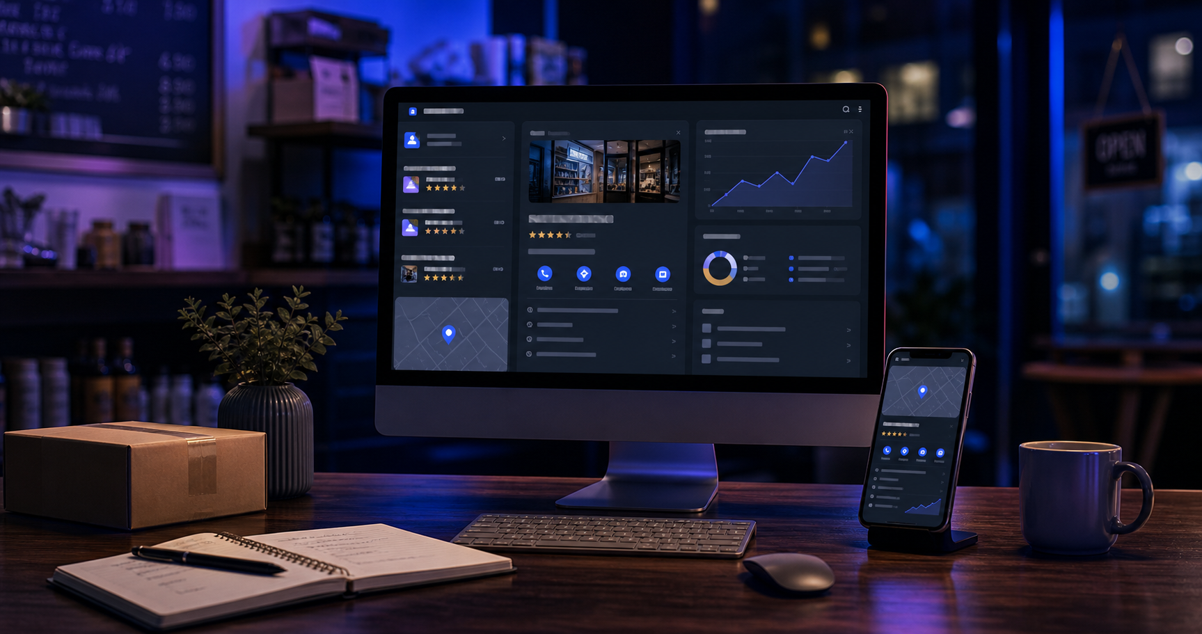 A local business workspace with search, map, reviews and performance information shown across desktop and mobile screens