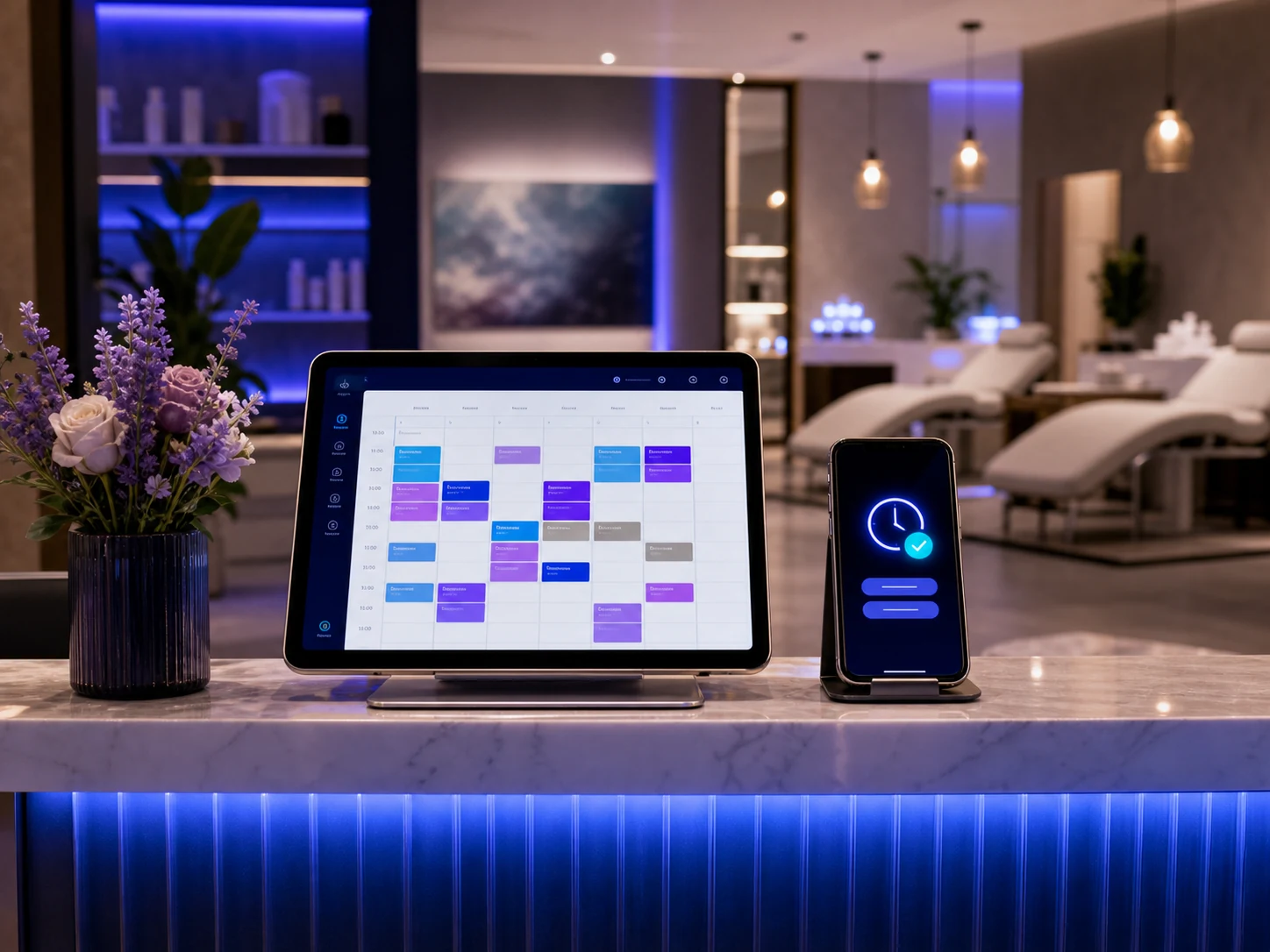 A salon reception with an online appointment calendar and booking confirmation