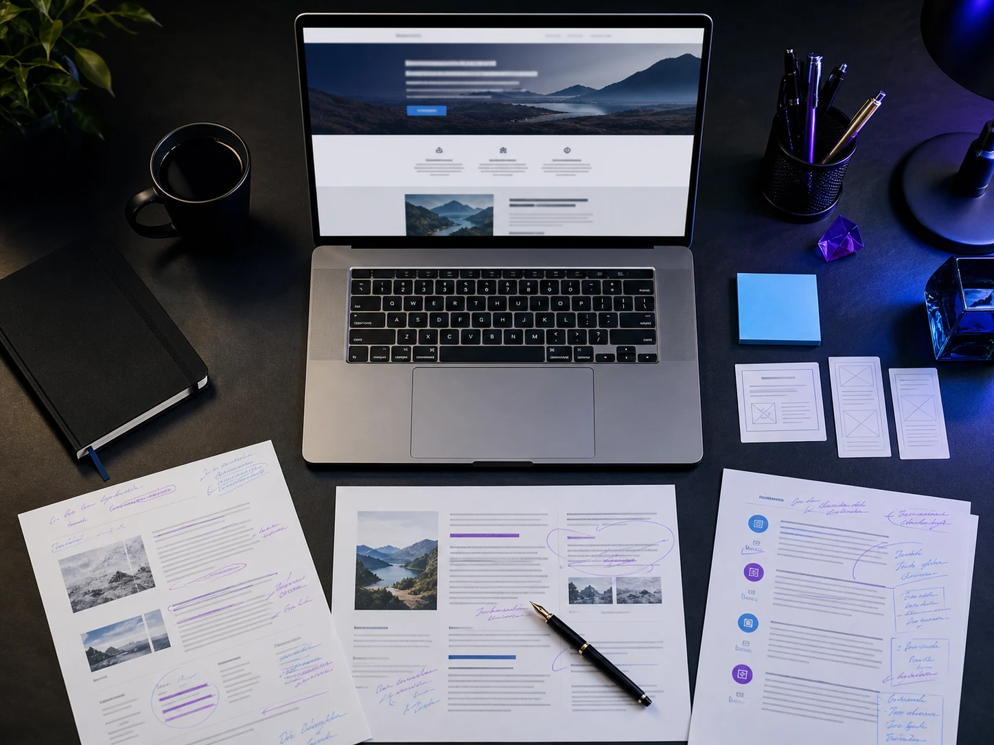 Website copy, page plans and edited drafts arranged around a finished website