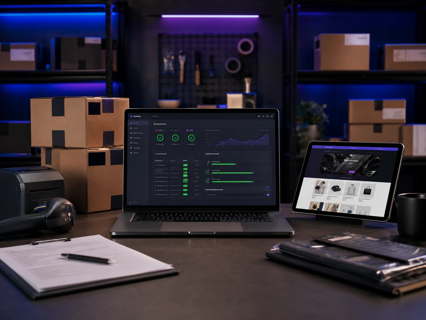 An online store health dashboard in a working eCommerce packing room