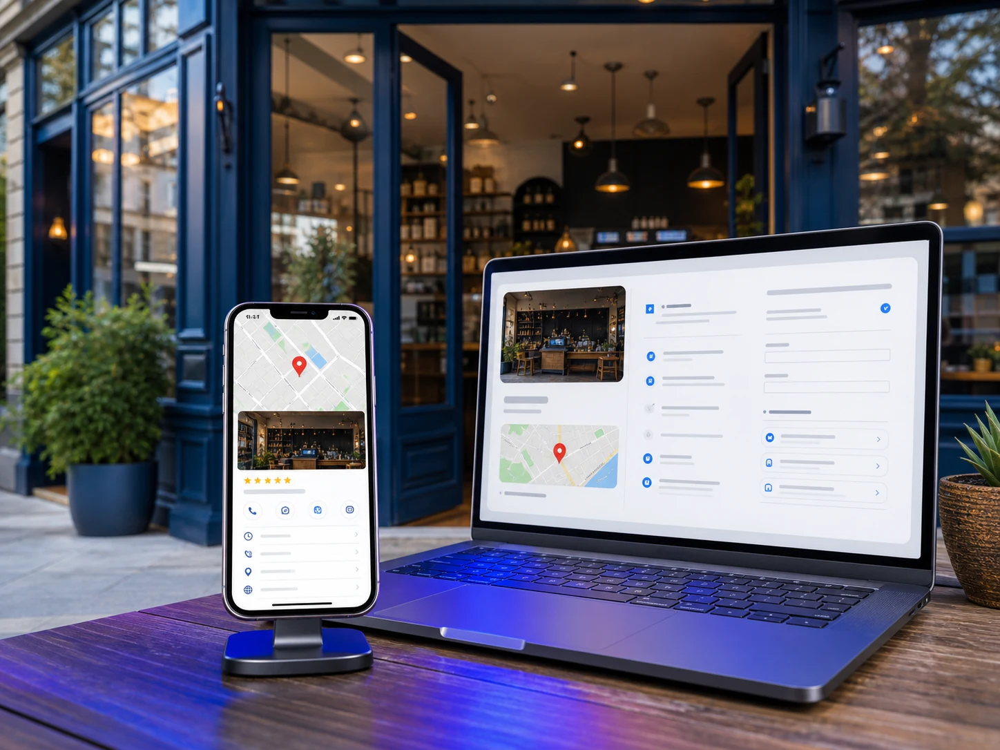 A local business storefront with its map listing and profile setup across devices