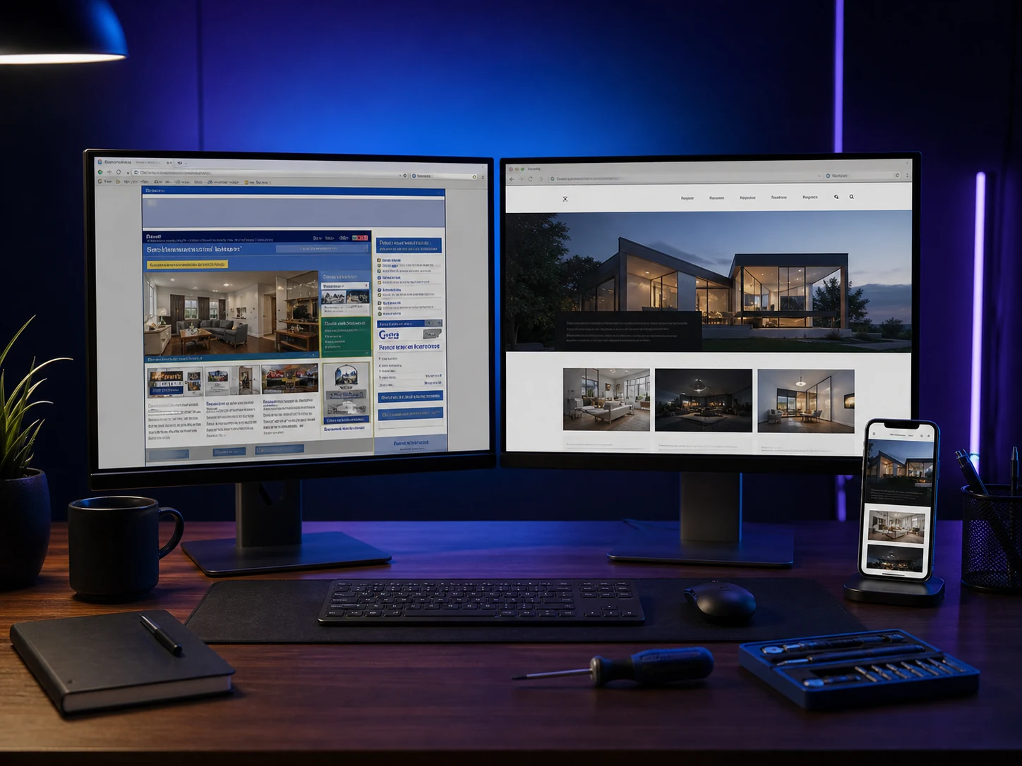 A dated website and its professionally refreshed replacement shown side by side