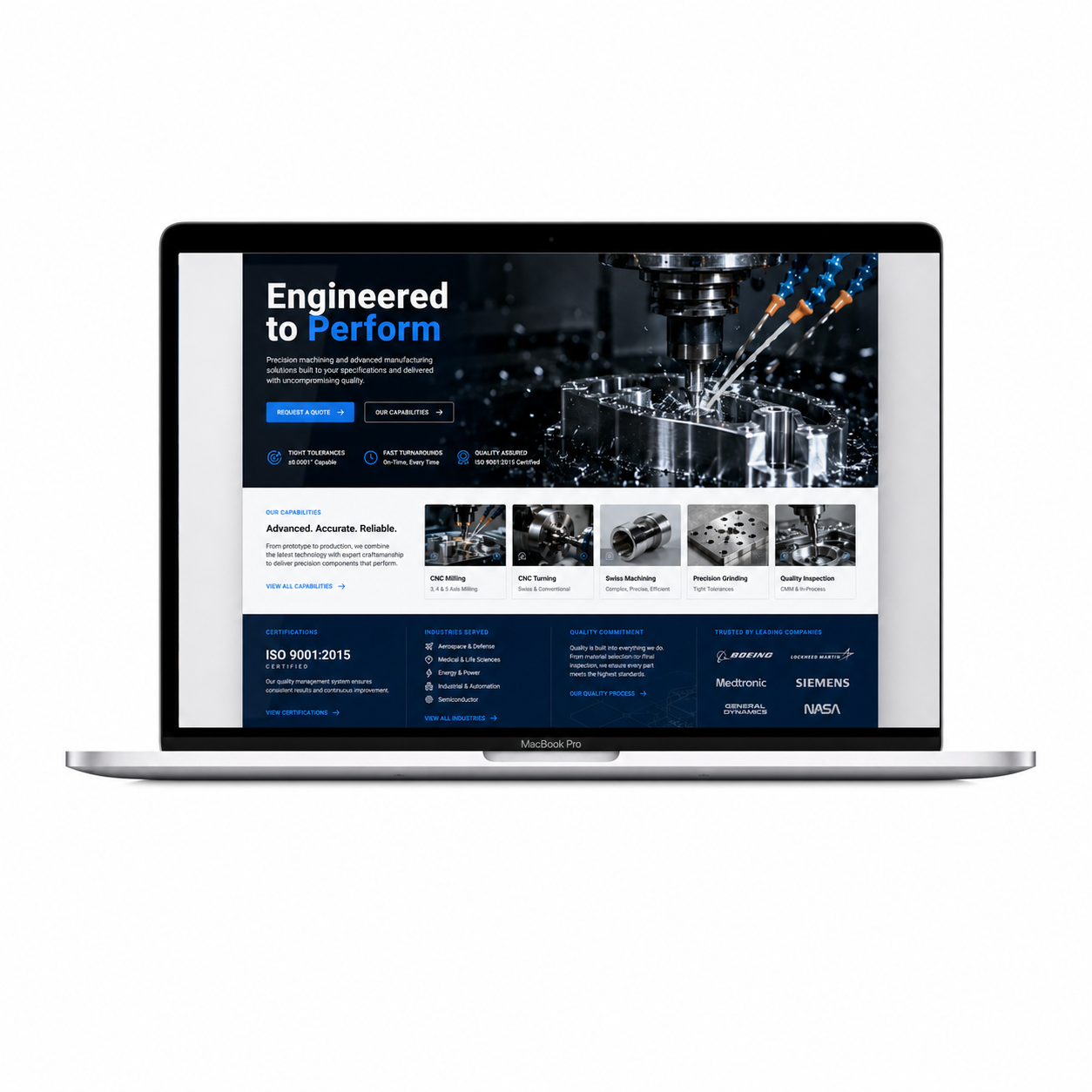 Precision engineering website shown inside a MacBook Pro laptop