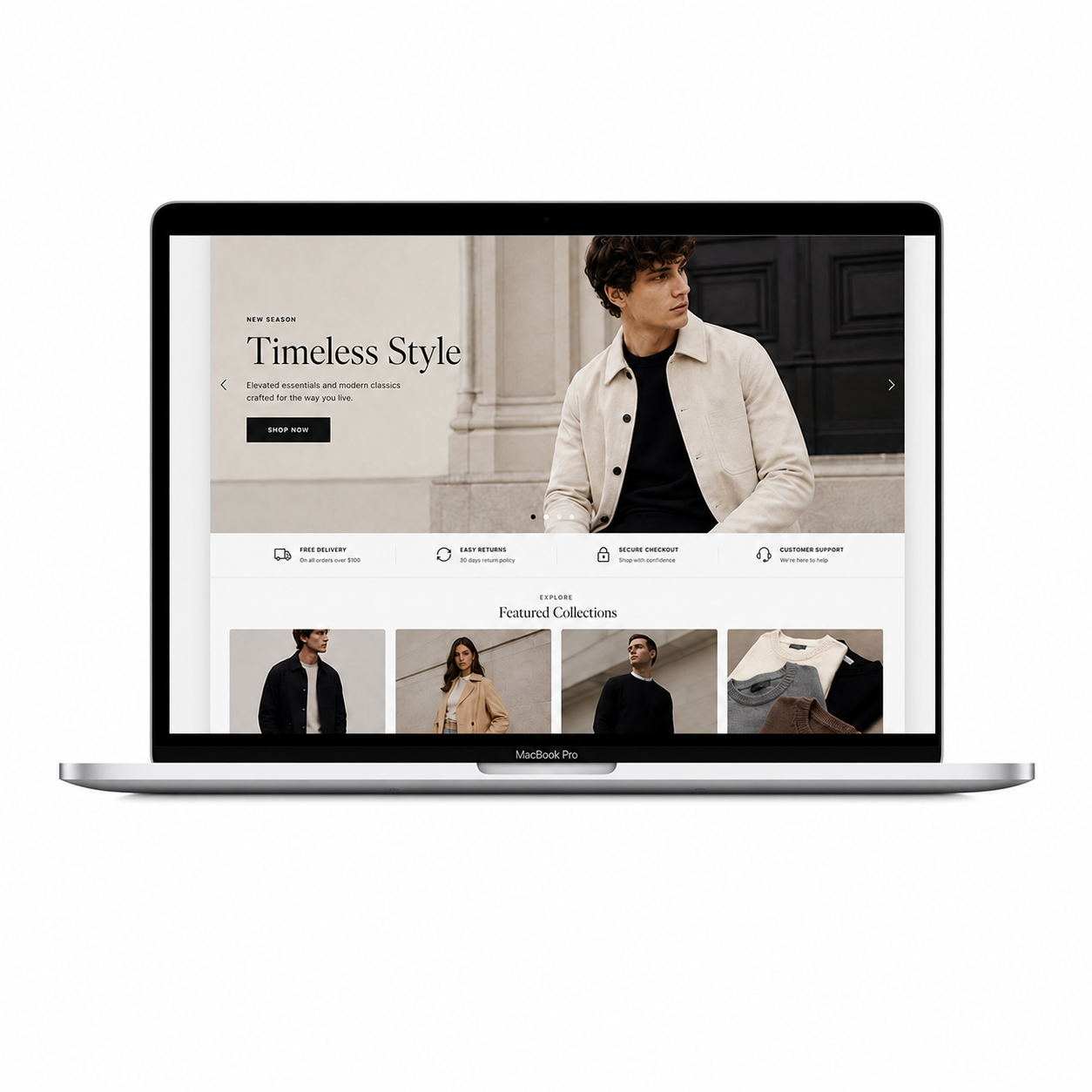 Clothing store website shown inside a MacBook Pro laptop