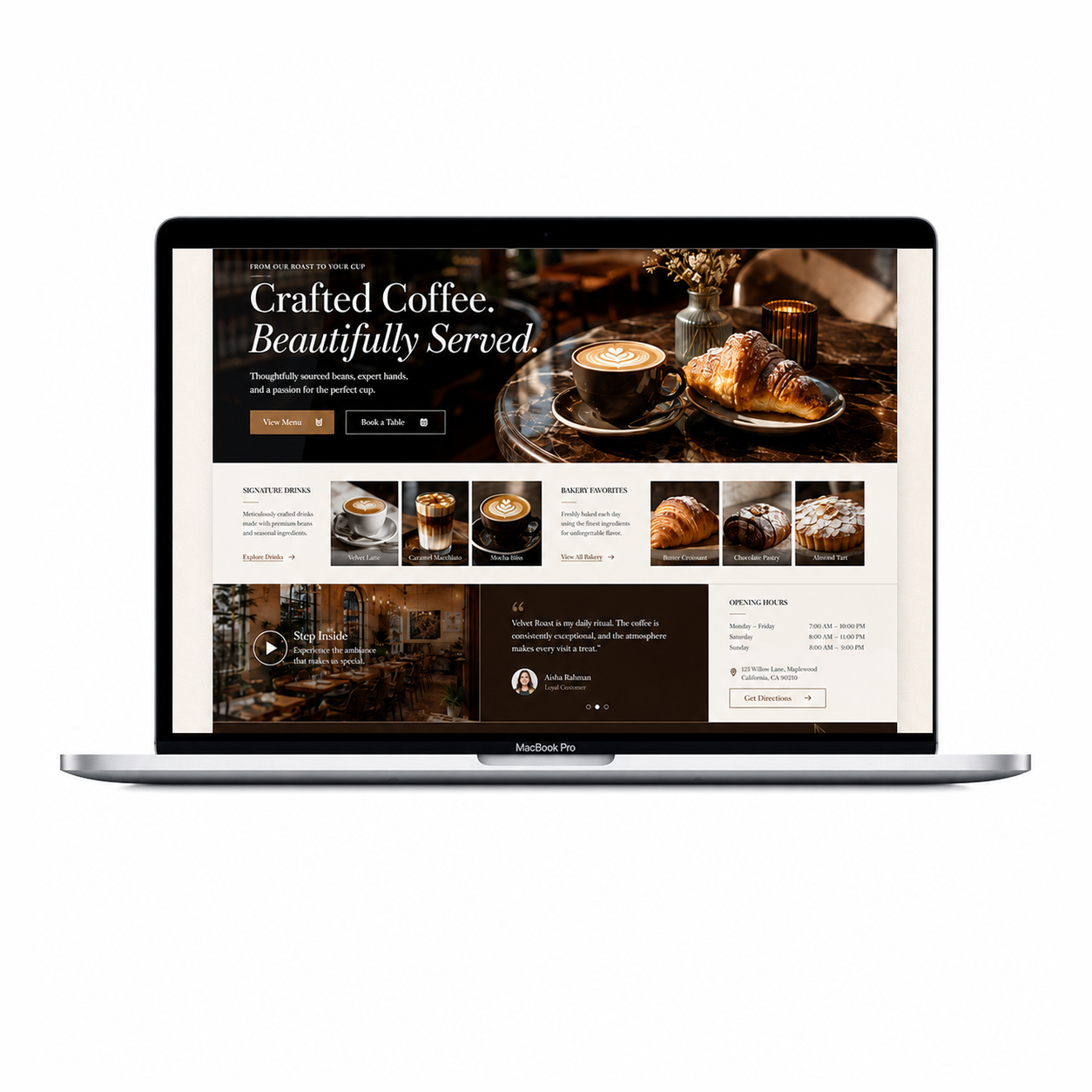Cafe and bakery website shown inside a MacBook Pro laptop
